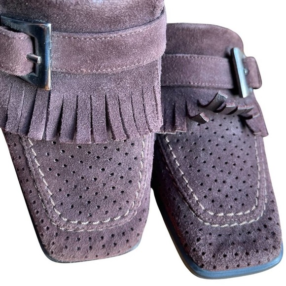 Stuart Weitzman Suede Pumps Square Toe Fringe Brown Buckle Size 8 Narrow - Picture 6 of 9